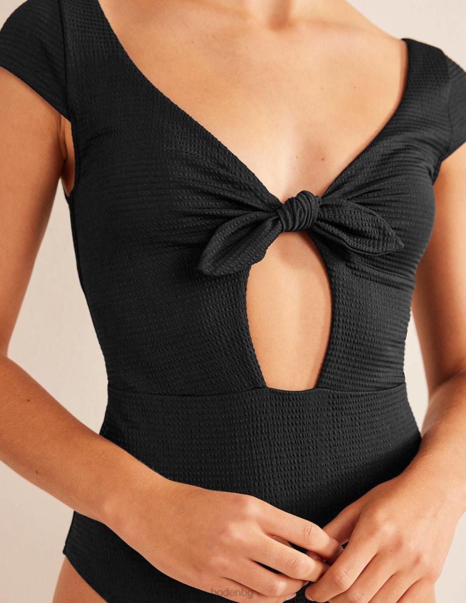 облекло Boden бански с капачка на ръкава и вратовръзка текстура на черен сеърсукер Жени LL681065