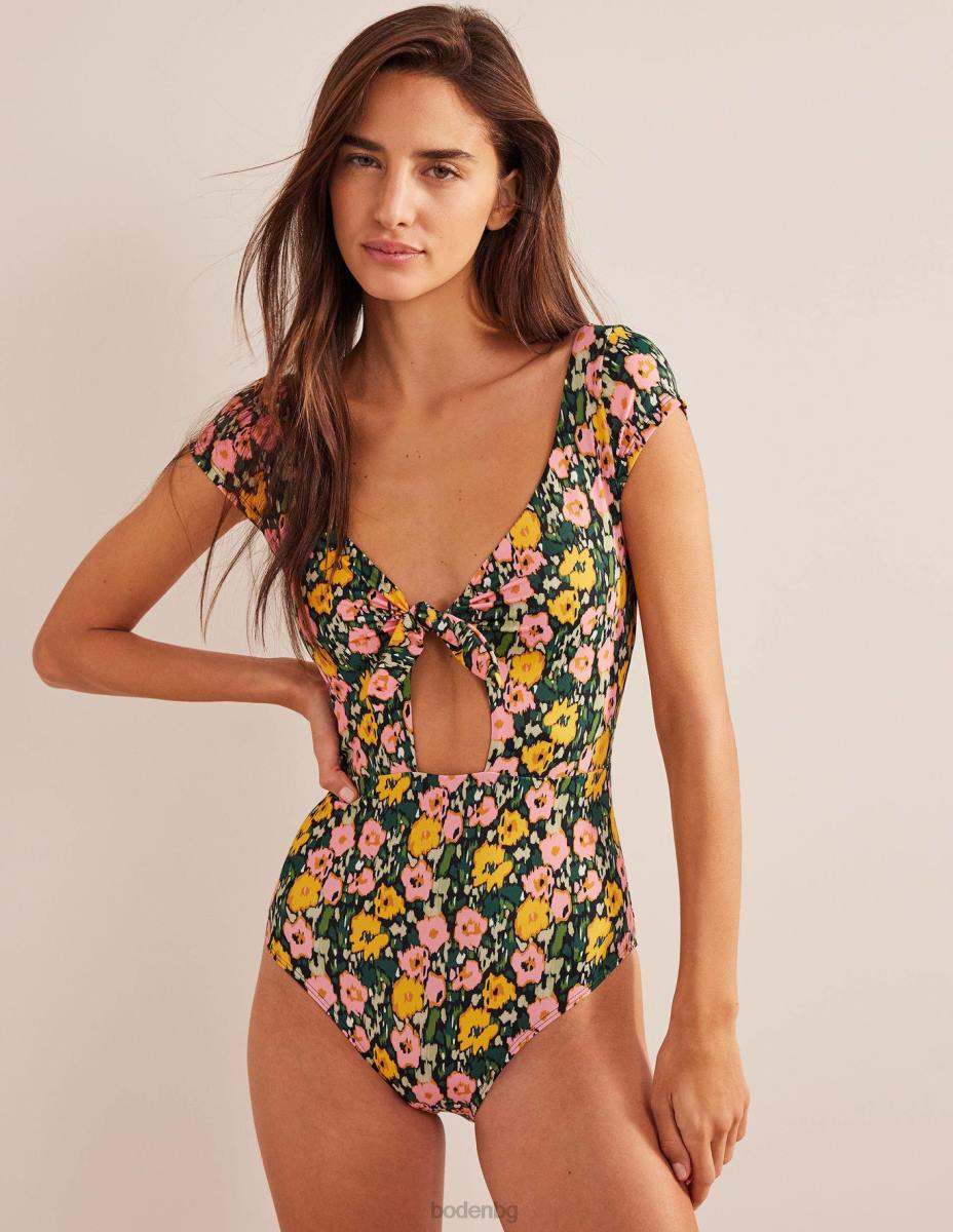 облекло Boden бански с капачка на ръкава и вратовръзка изумрудена нощ и абстрактен мак Жени LL681263