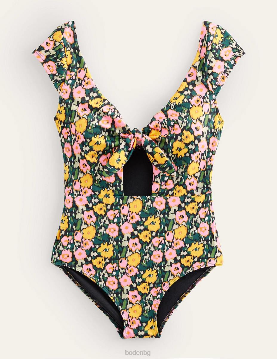 облекло Boden бански с капачка на ръкава и вратовръзка изумрудена нощ и абстрактен мак Жени LL681263