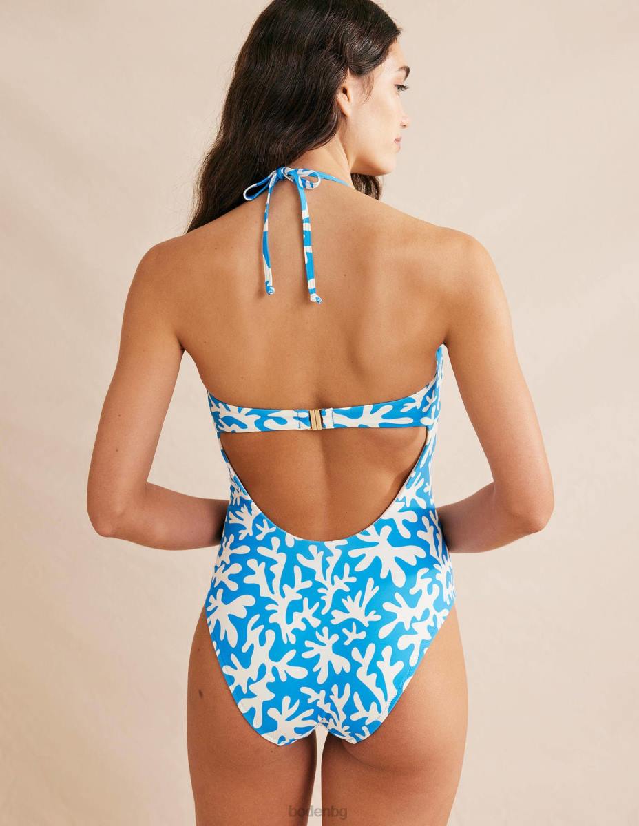 облекло Boden бански бандо с катарама синя и абстрактна зеленина Жени LL681794