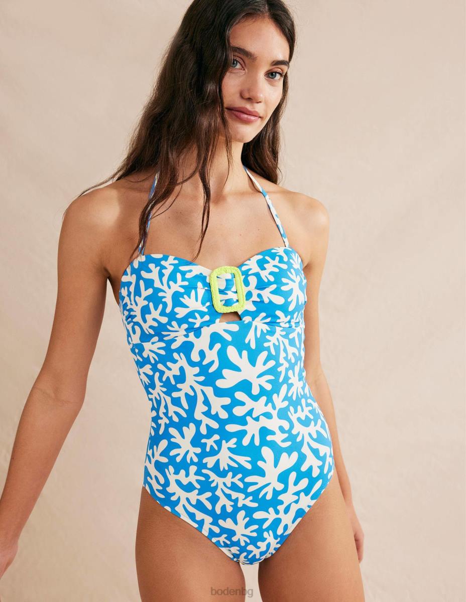 облекло Boden бански бандо с катарама синя и абстрактна зеленина Жени LL681794