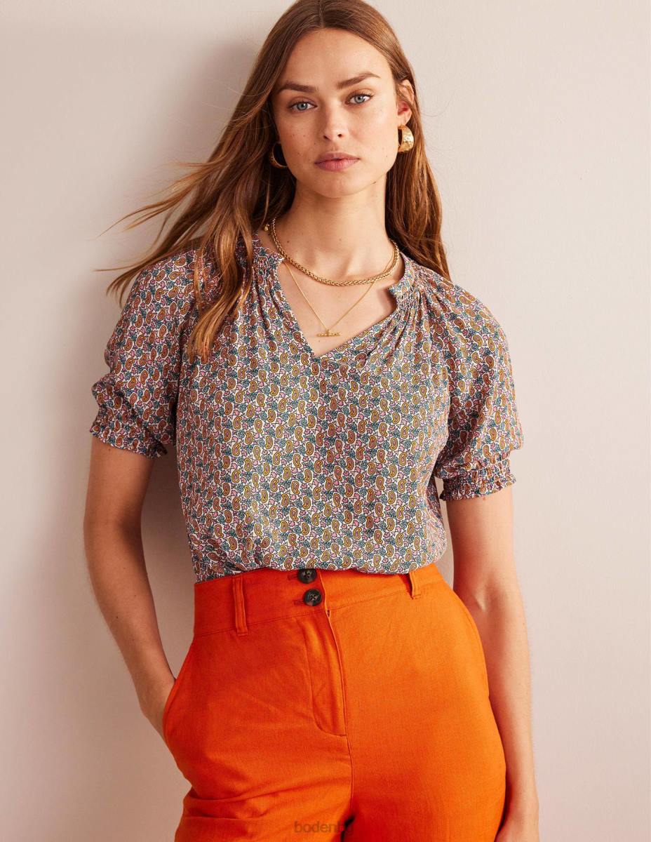 облекло Boden горнище с къс ръкав с набрано деколте сливов цвят и стъбло от пейсли Жени LL68102