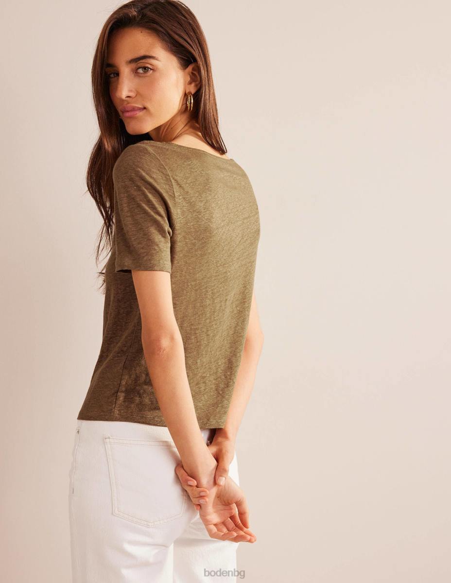 облекло Boden ленена тениска с широко деколте камила Жени LL681113