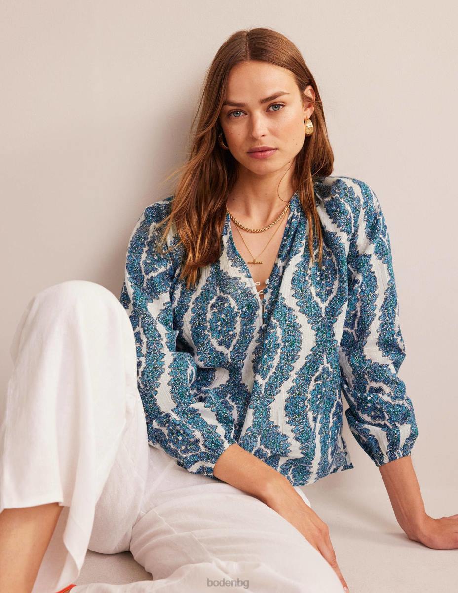 облекло Boden щампован горнище с изрязана деколте син и ботанически венец Жени LL68112