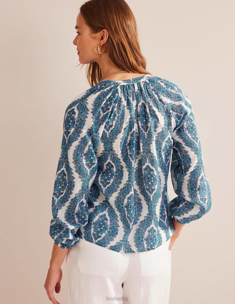 облекло Boden щампован горнище с изрязана деколте син и ботанически венец Жени LL68112