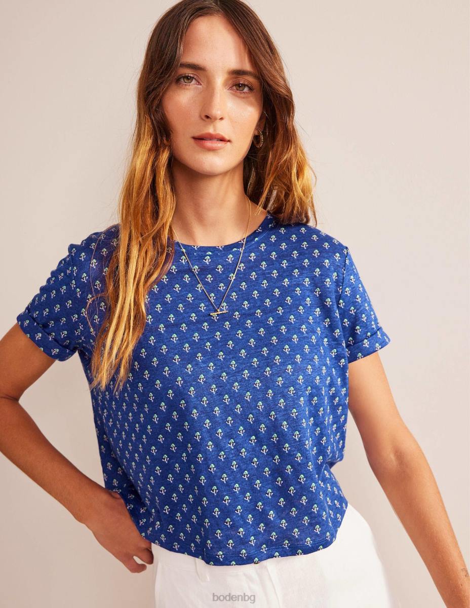 облекло Boden ленена тениска с щампа синя вълна и руж лале Жени LL681131