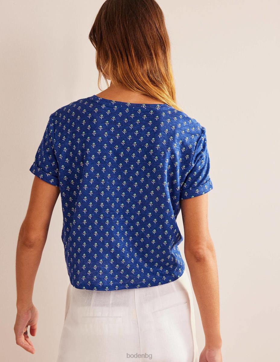 облекло Boden ленена тениска с щампа синя вълна и руж лале Жени LL681131