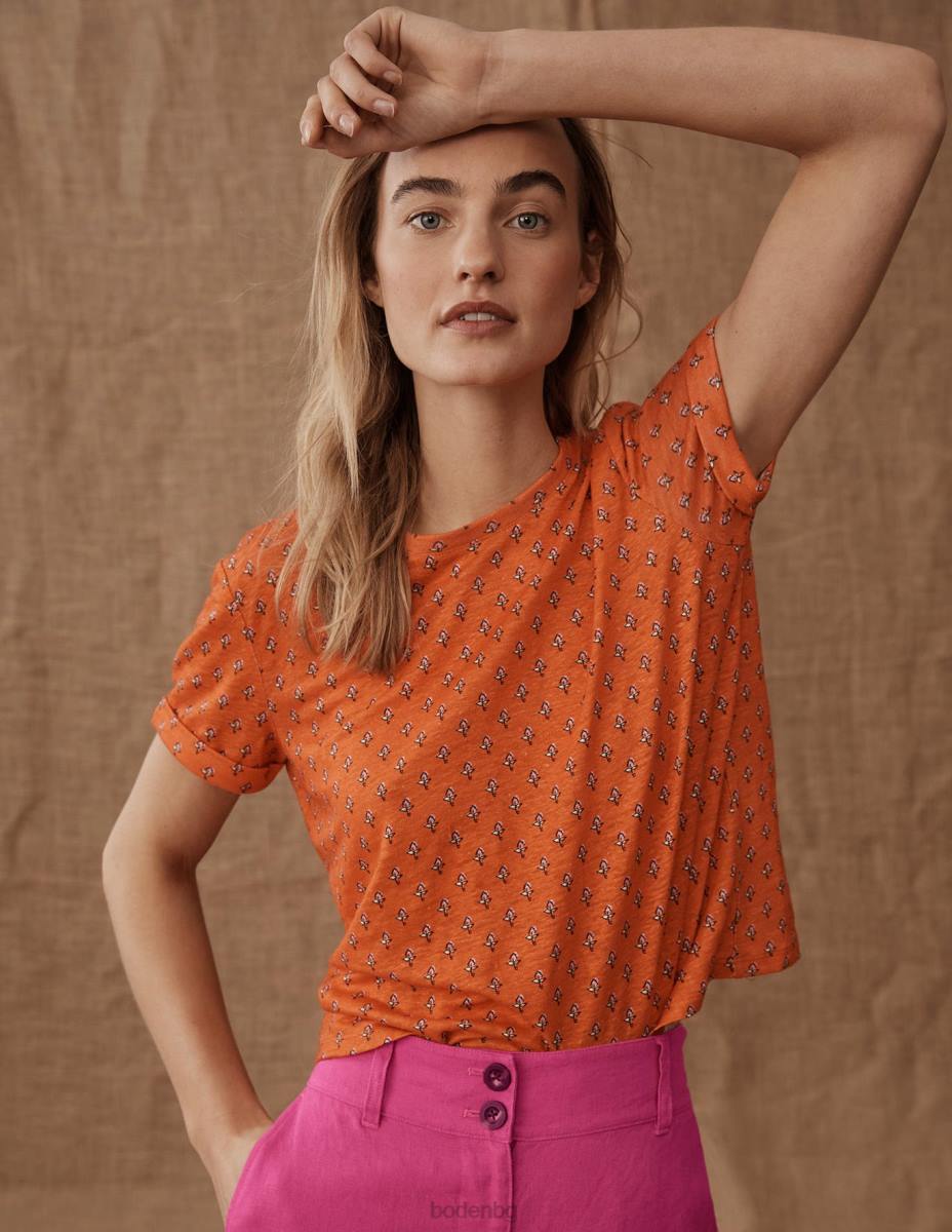 облекло Boden ленена тениска с щампа червен портокал и лале руж Жени LL681265