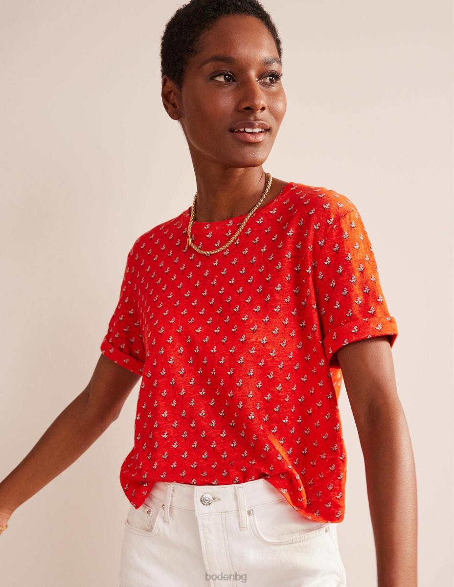 облекло Boden ленена тениска с щампа червен портокал и лале руж Жени LL681265