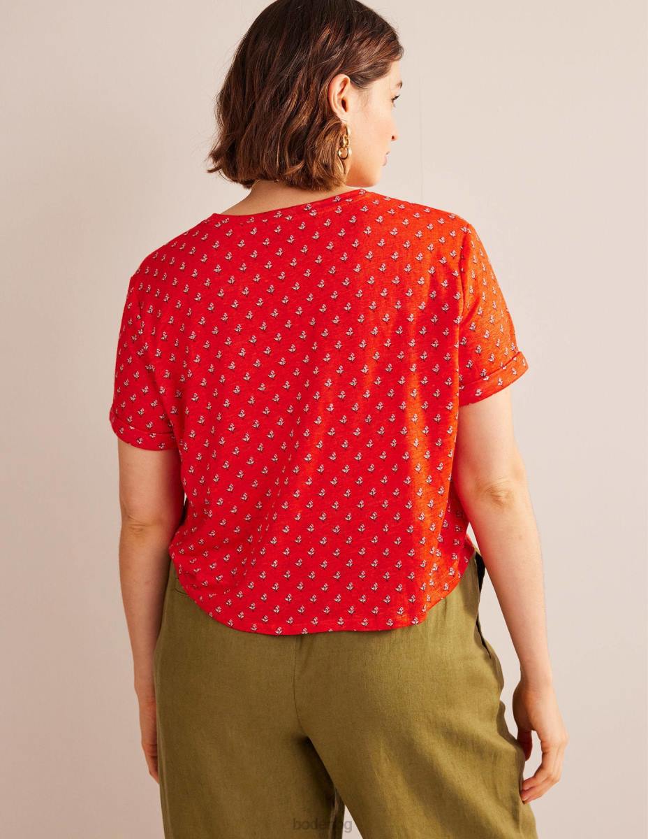 облекло Boden ленена тениска с щампа червен портокал и лале руж Жени LL681265