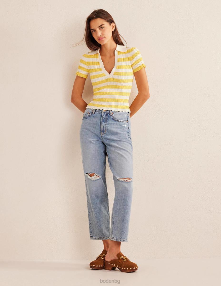 облекло Boden оребрена горна част с яка сладка пчелна пита и ивица от слонова кост Жени LL681339