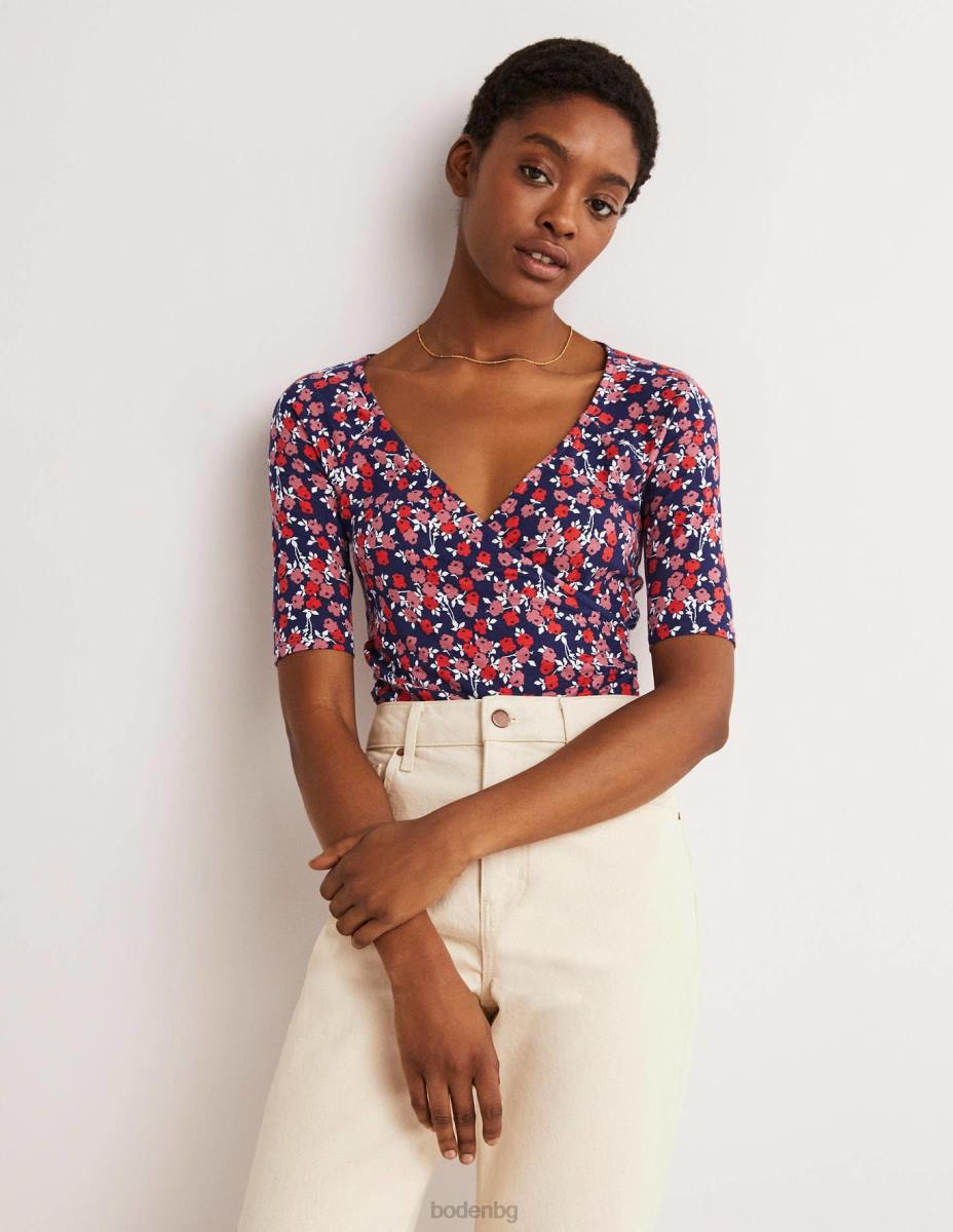 облекло Boden горна част с къс ръкав черешово червено и абстрактно клонче Жени LL68141