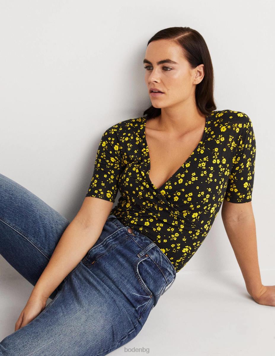 облекло Boden горна част с къс ръкав черно и флорално клонче Жени LL68146