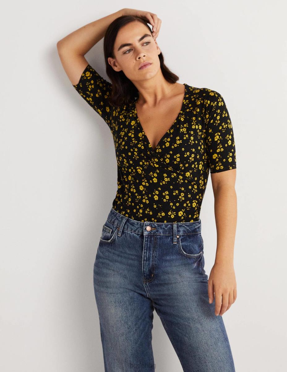 облекло Boden горна част с къс ръкав черно и флорално клонче Жени LL68146