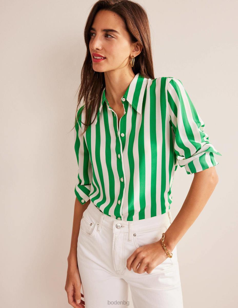 облекло Boden копринена риза наситено изумрудено и слонова кост ивица Жени LL68152