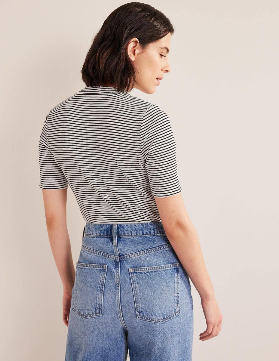 облекло Boden оребрено горнище с висока яка слонова кост/черна ивица Жени LL681568