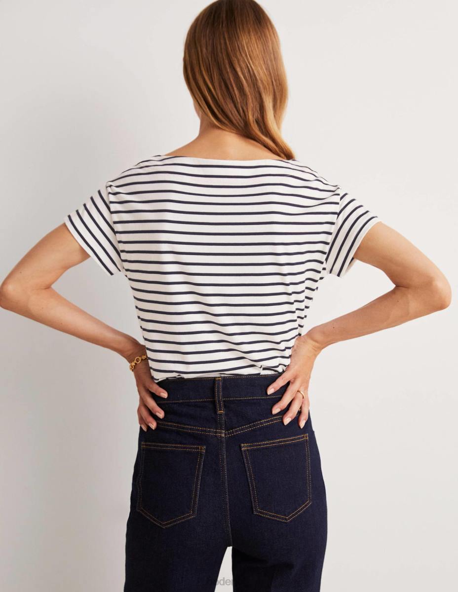 облекло Boden супер мека тениска с деколте слонова кост/морско синьо райе Жени LL68156