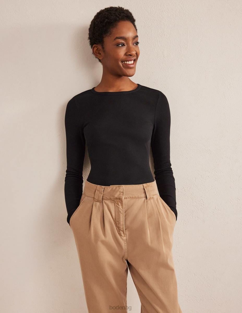 облекло Boden памучно рипсено горнище с дълъг ръкав черен Жени LL68166