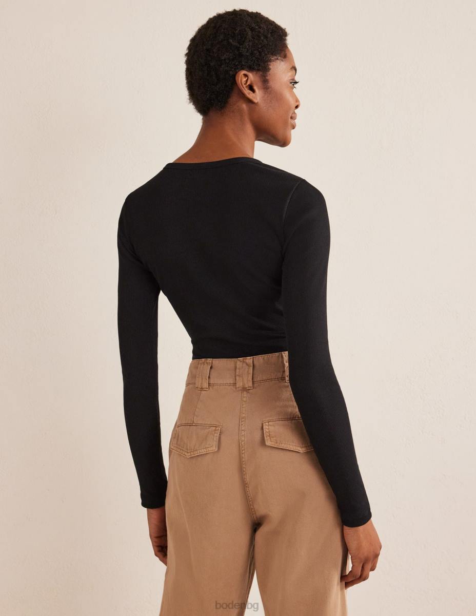 облекло Boden памучно рипсено горнище с дълъг ръкав черен Жени LL68166