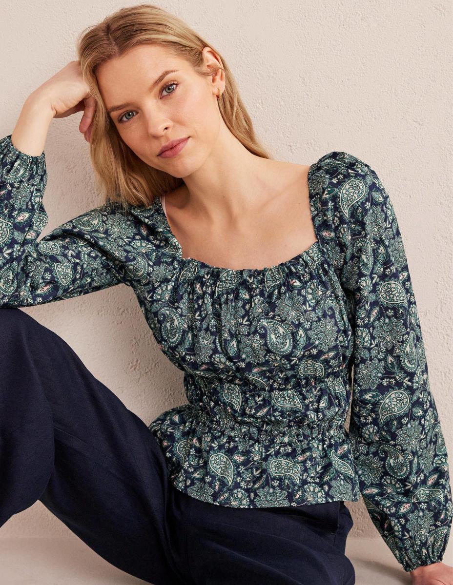 облекло Boden горна част с пеплум с набрана талия дълбоко море и пейсли тераса Жени LL681747