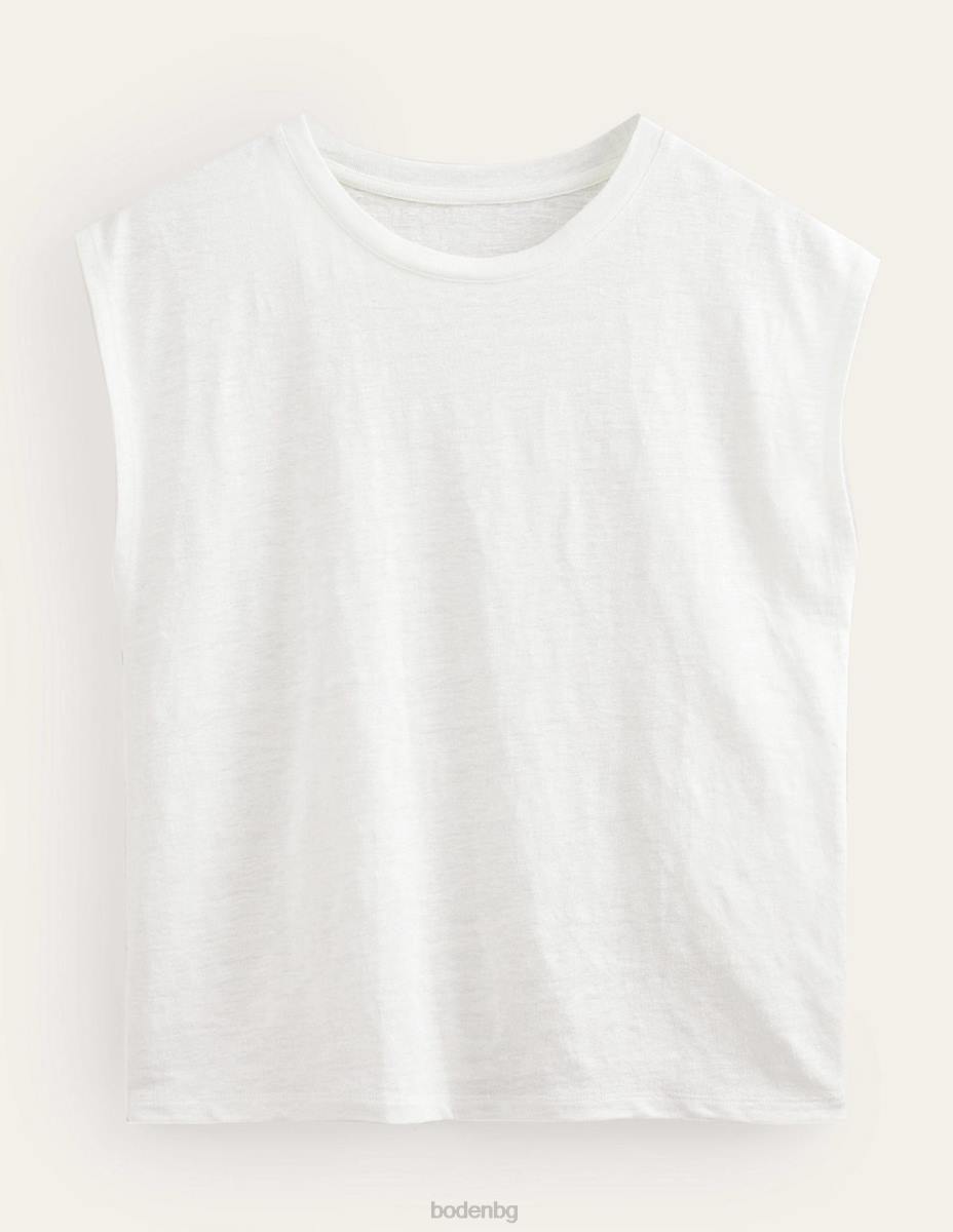 облекло Boden ленена тениска с кръгла яка слонова кост Жени LL681898