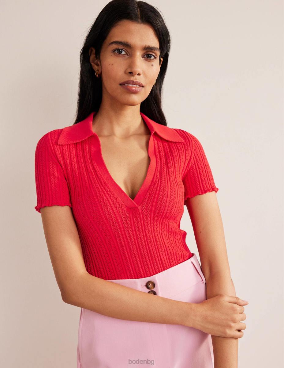 облекло Boden оребрена горна част с яка ягодов тарт червен Жени LL681930