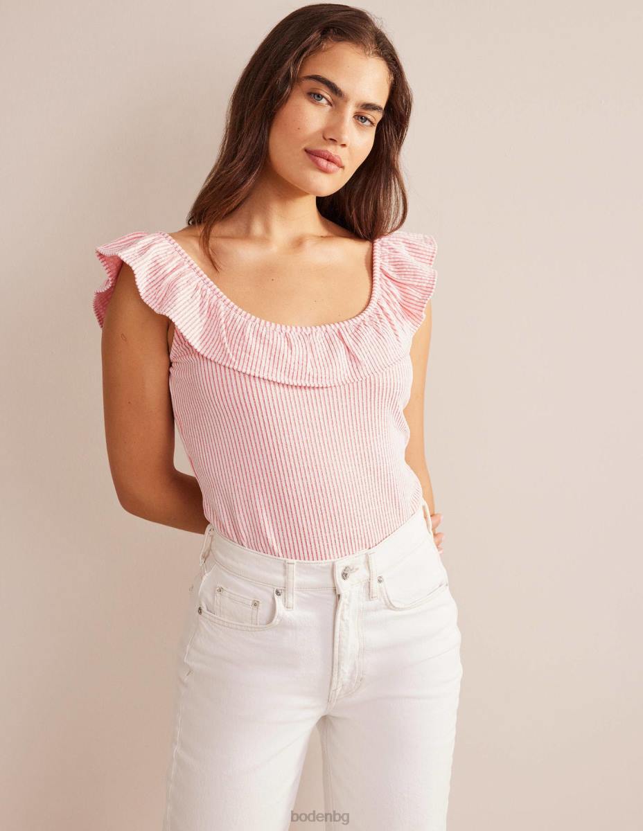 облекло Boden горна част с ивици с волани вермилион/бяла ивица Жени LL682170