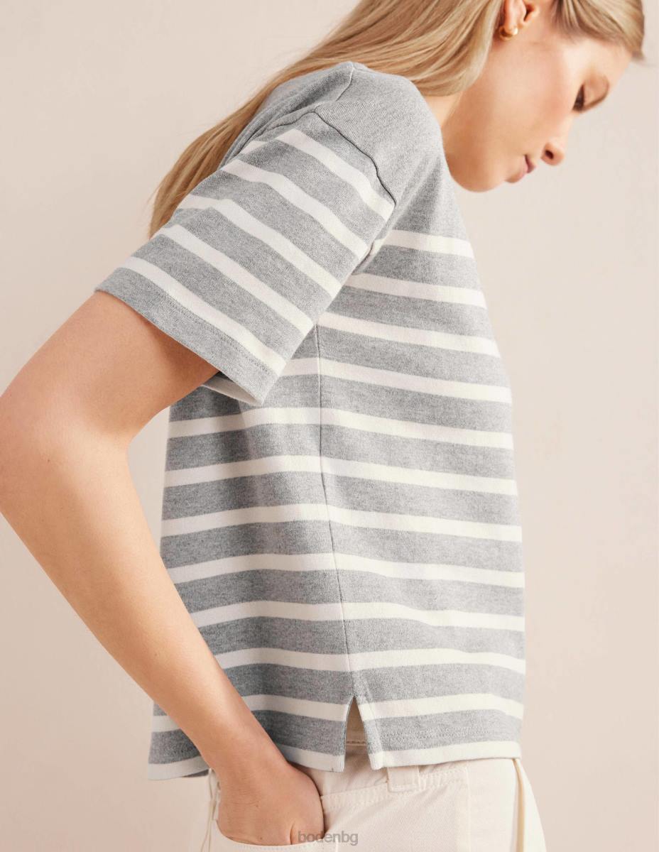 облекло Boden раирана тениска с лодка деколте ивица сив мергел/слонова кост Жени LL682195