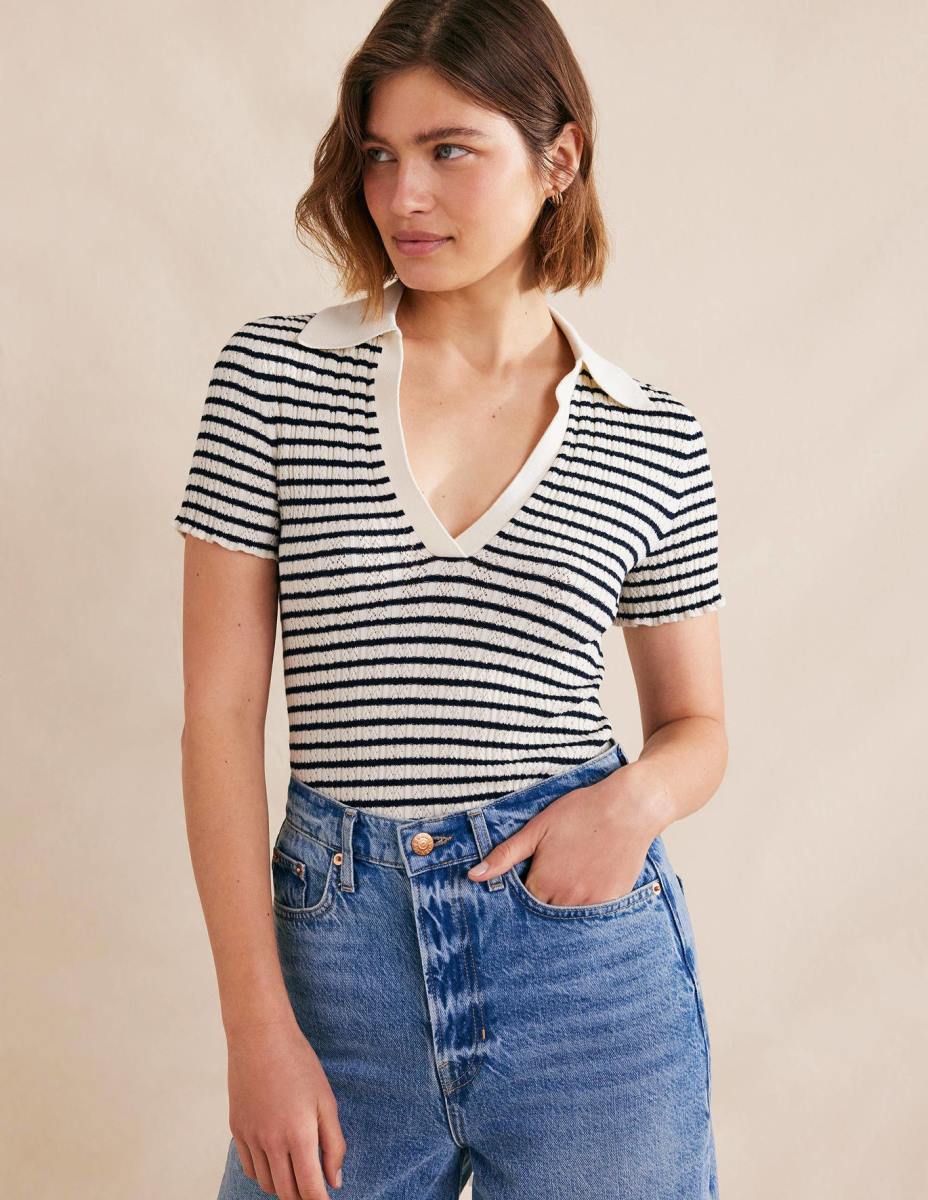 облекло Boden оребрена горна част с яка слонова кост и тъмносиньо райе Жени LL682221