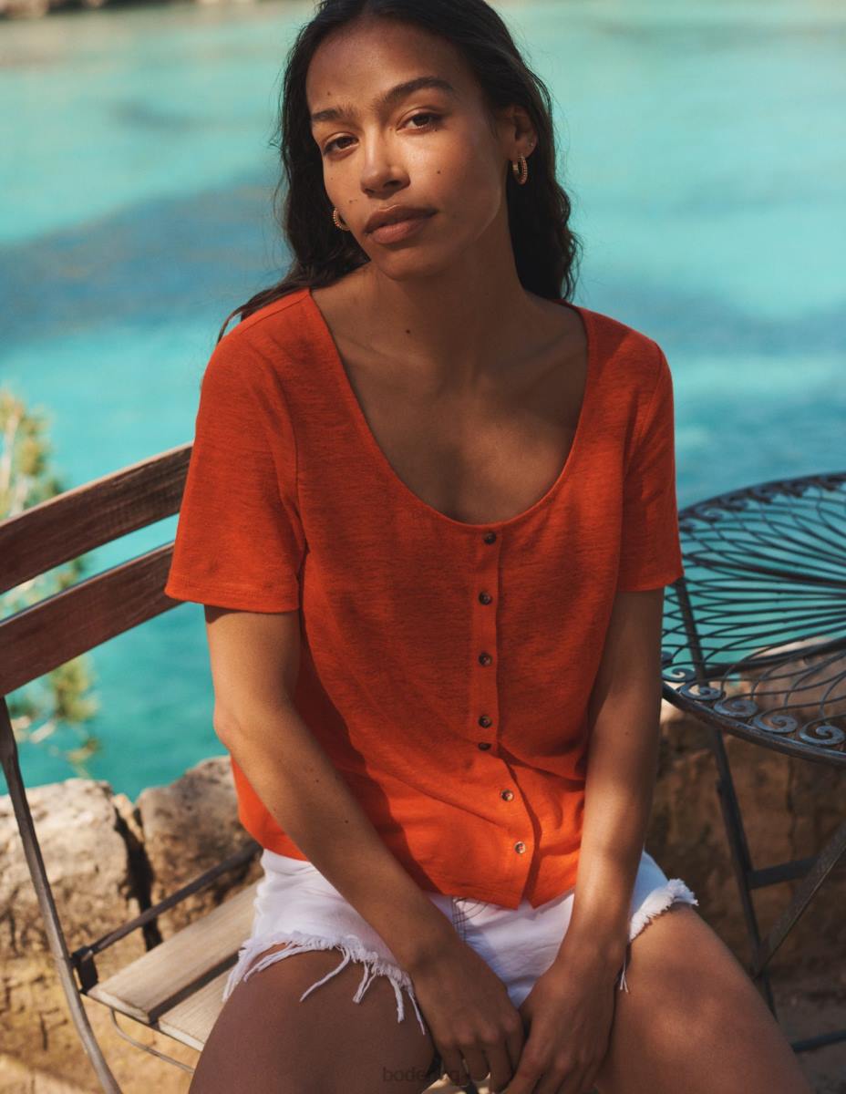 облекло Boden ленена тениска с широко деколте червен портокал Жени LL682275