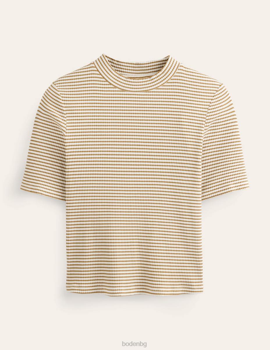 облекло Boden оребрено горнище с висока яка ивица слонова кост/камила Жени LL682502