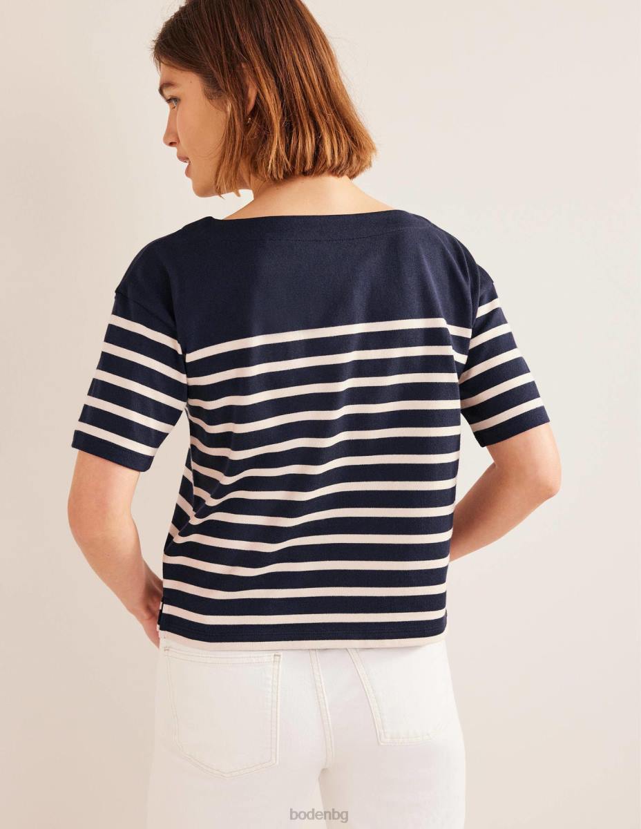 облекло Boden раирана тениска с лодка деколте райе синьо/слонова кост Жени LL682527