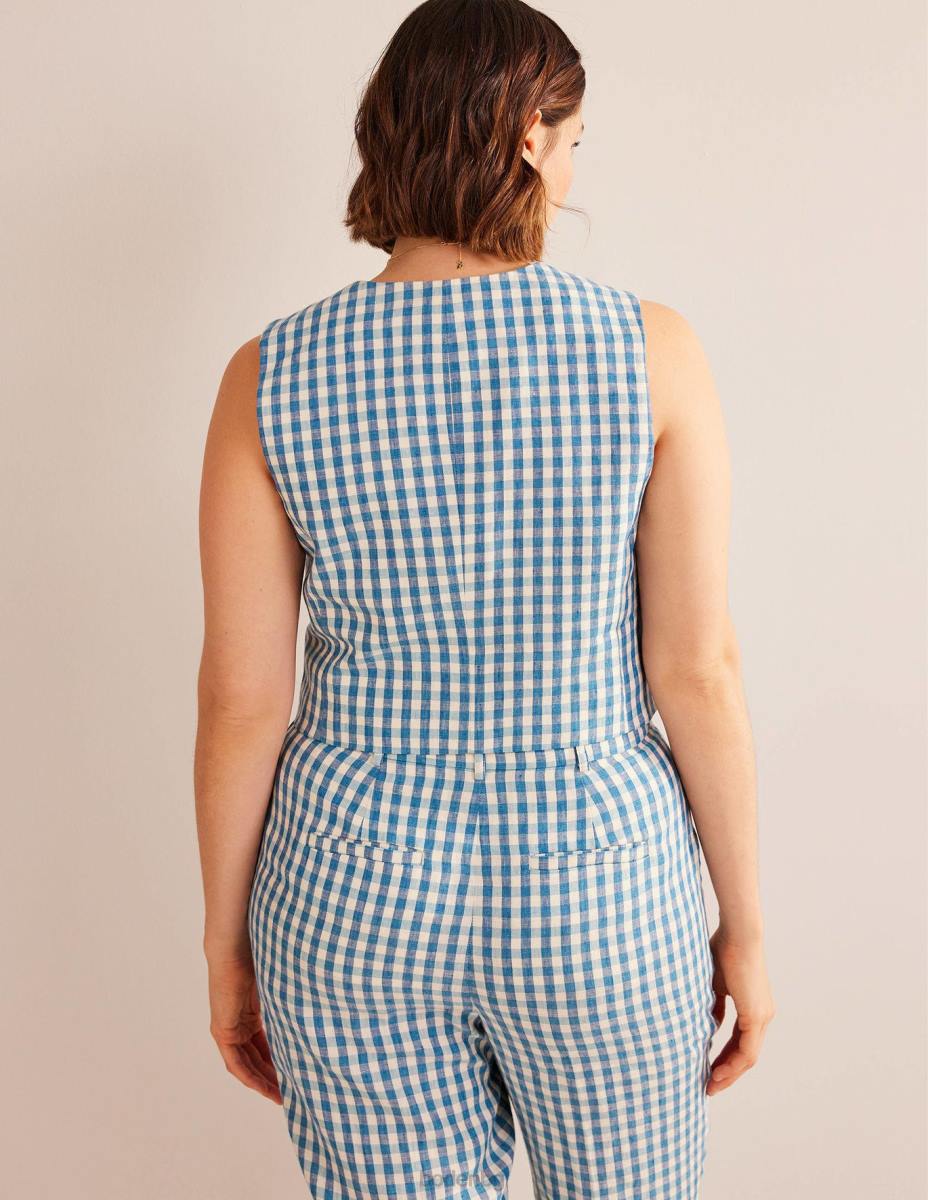 облекло Boden разкроена ленена жилетка син и бял гингам Жени LL682564