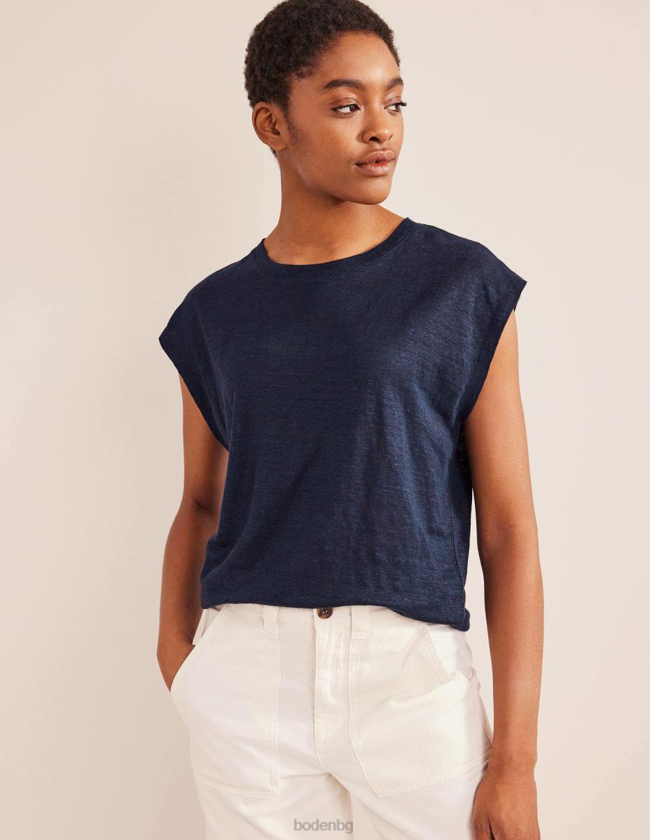 облекло Boden ленена тениска с кръгла яка военноморски флот Жени LL682590