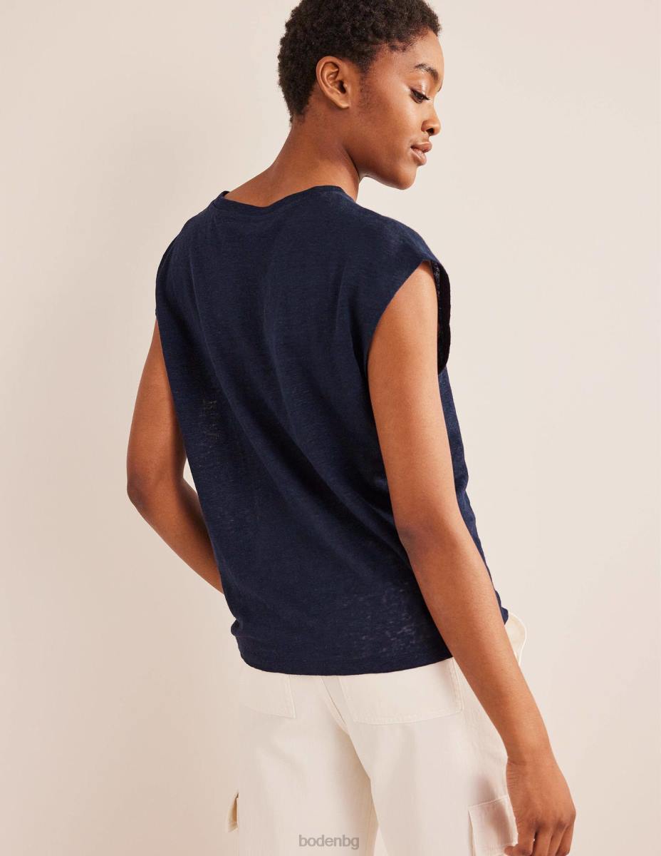 облекло Boden ленена тениска с кръгла яка военноморски флот Жени LL682590