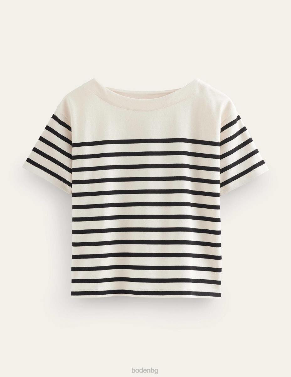 облекло Boden раирана тениска с лодка деколте слонова кост/черна ивица Жени LL68944