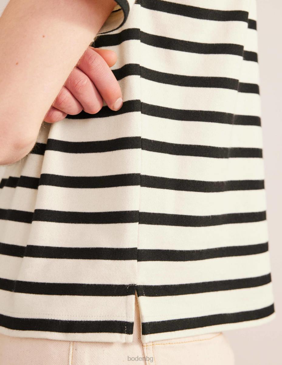 облекло Boden раирана тениска с лодка деколте слонова кост/черна ивица Жени LL68944