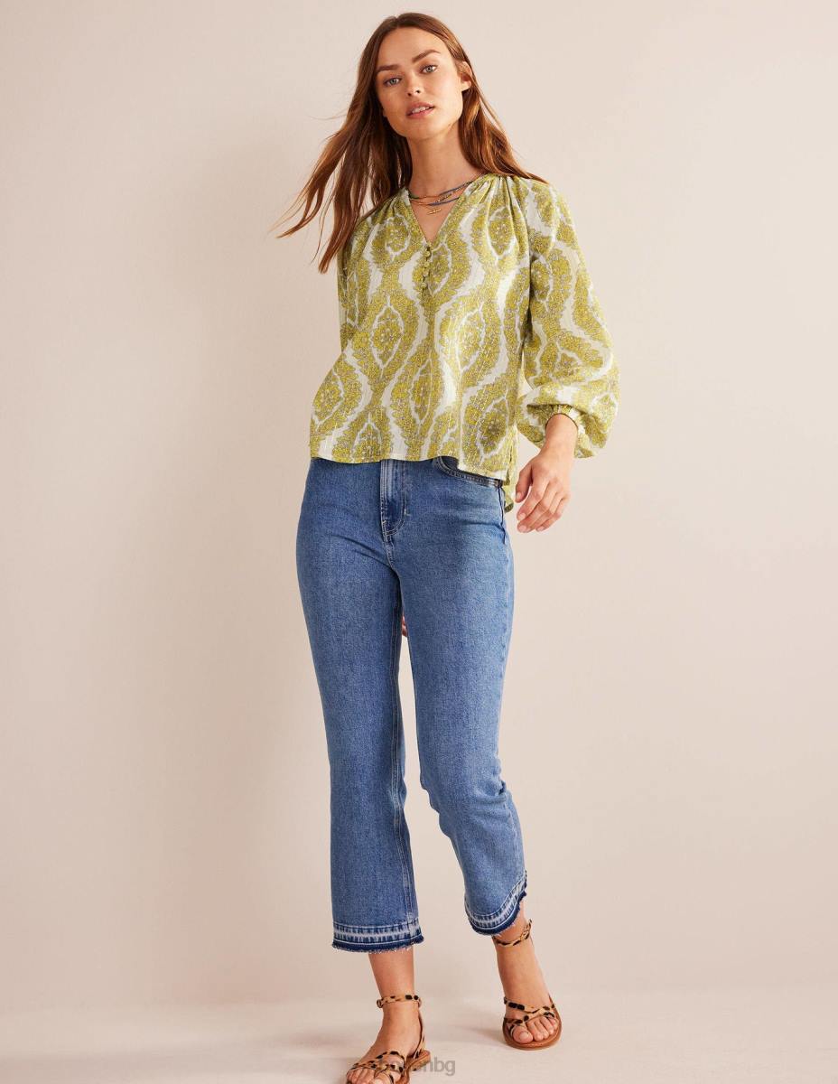 облекло Boden щампован горнище с изрязана деколте ананас и ботанически венец Жени LL6898