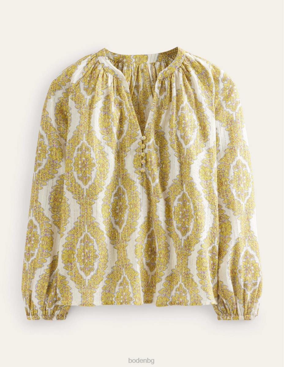 облекло Boden щампован горнище с изрязана деколте ананас и ботанически венец Жени LL6898