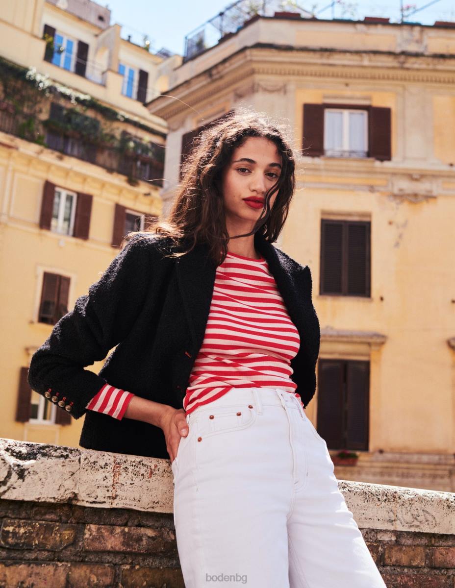 облекло Boden тениска anna rib crew кожа на праскова и ивица люта чушка Жени LL68194