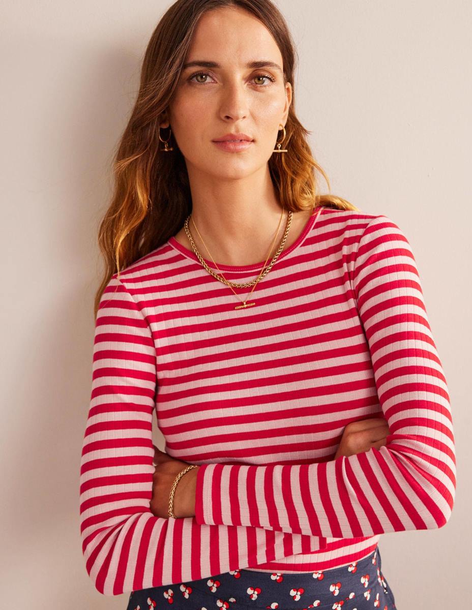 облекло Boden тениска anna rib crew кожа на праскова и ивица люта чушка Жени LL68194