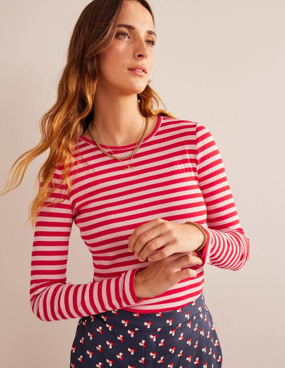 облекло Boden тениска anna rib crew кожа на праскова и ивица люта чушка Жени LL68194