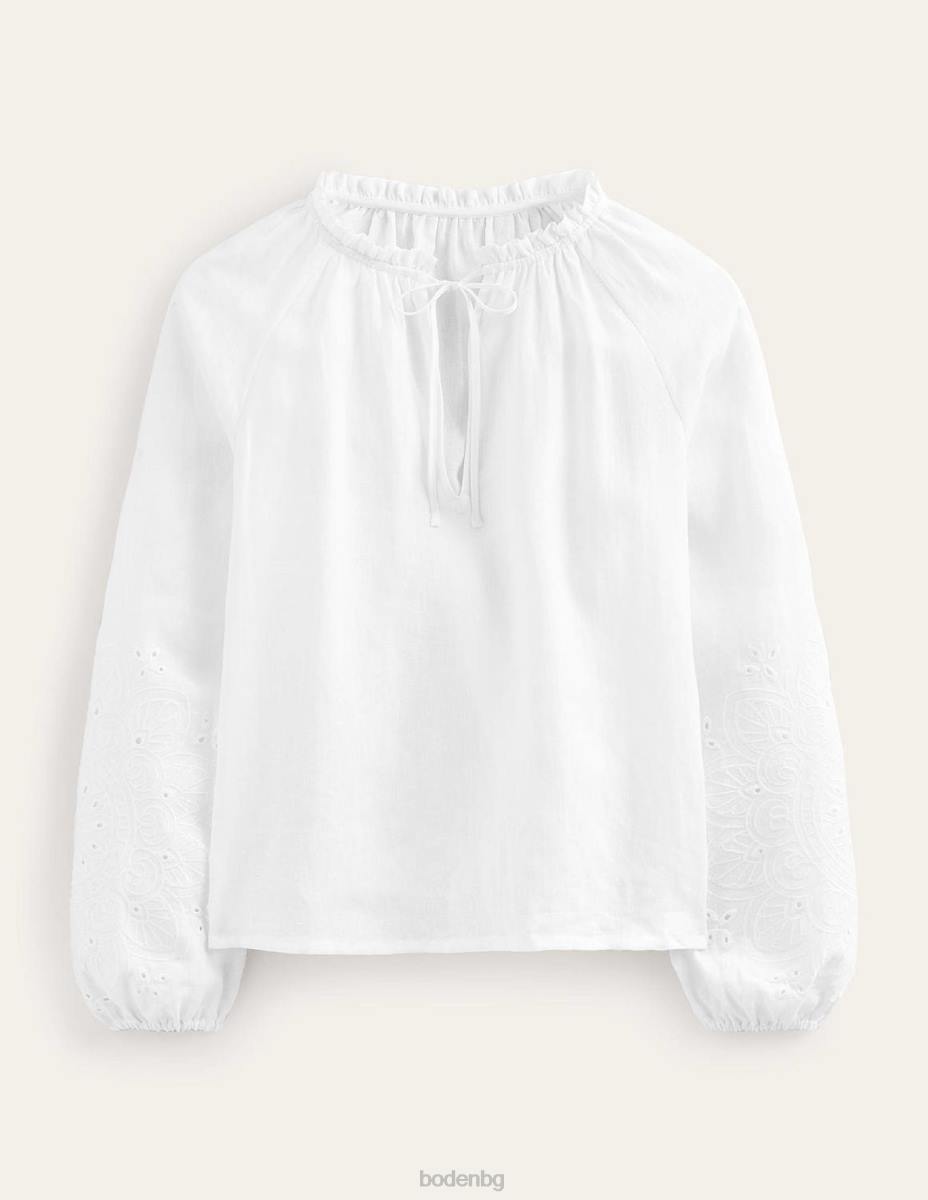 облекло Boden broderie ленено горнище с вратовръзка бяло Жени LL68105
