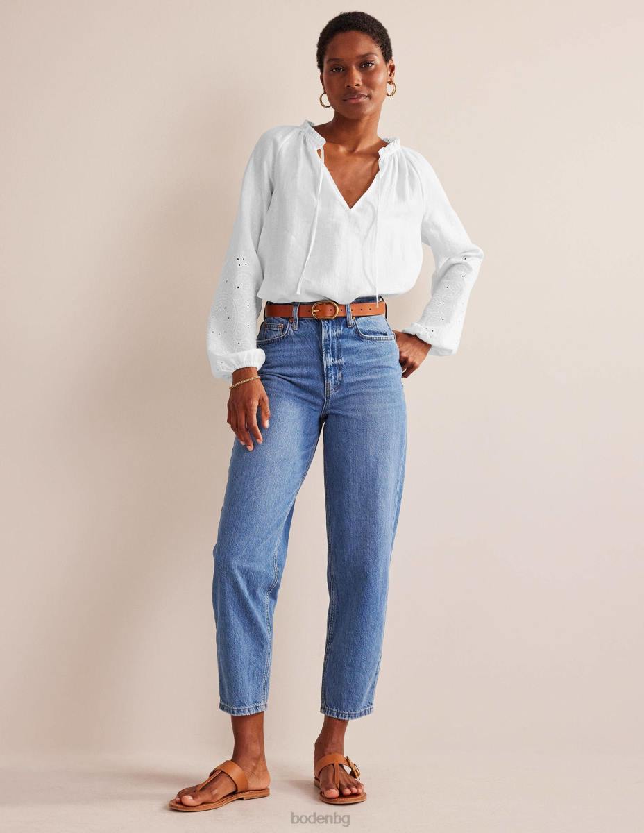 облекло Boden broderie ленено горнище с вратовръзка бяло Жени LL68105