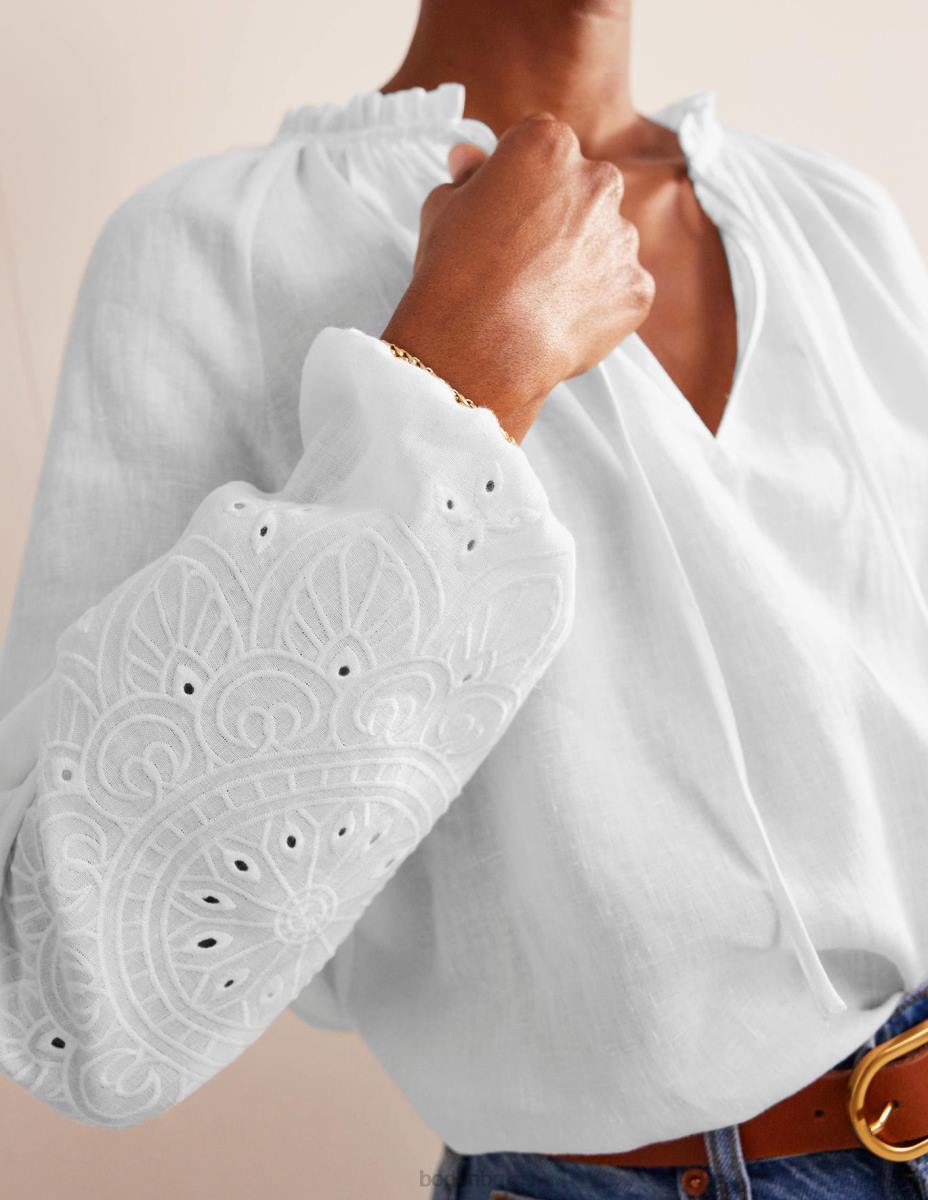 облекло Boden broderie ленено горнище с вратовръзка бяло Жени LL68105