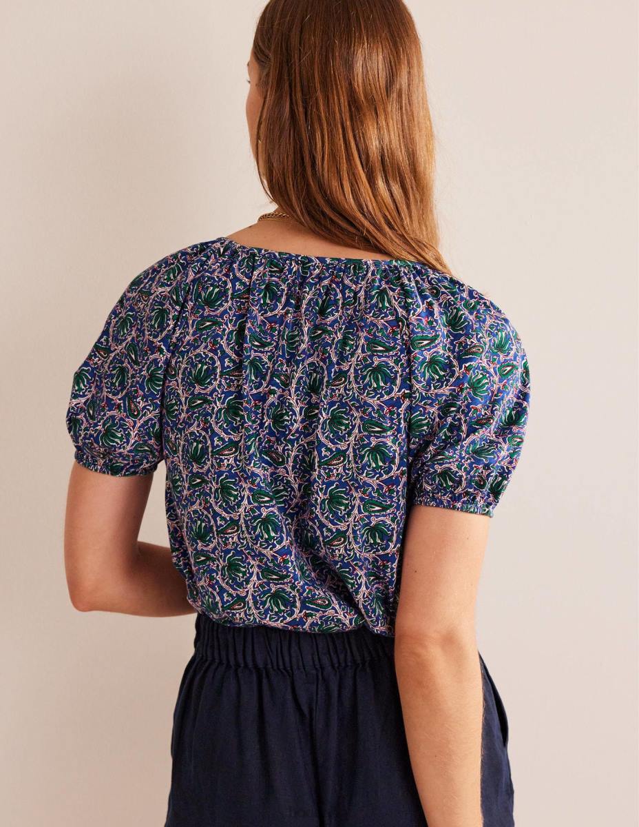 облекло Boden суинг топ от трико с v-образно деколте синя вълна и ботаническа лоза Жени LL68108