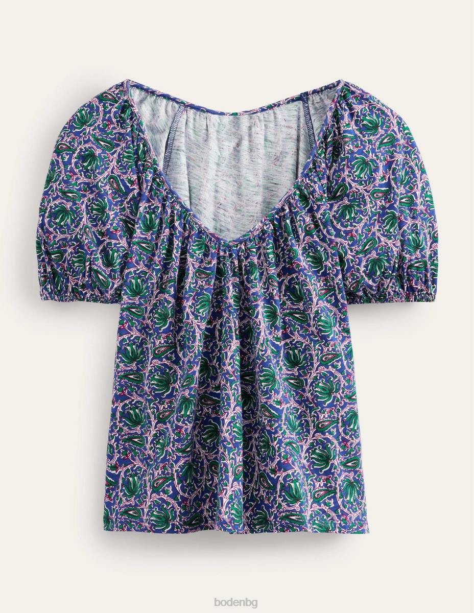 облекло Boden суинг топ от трико с v-образно деколте синя вълна и ботаническа лоза Жени LL68108