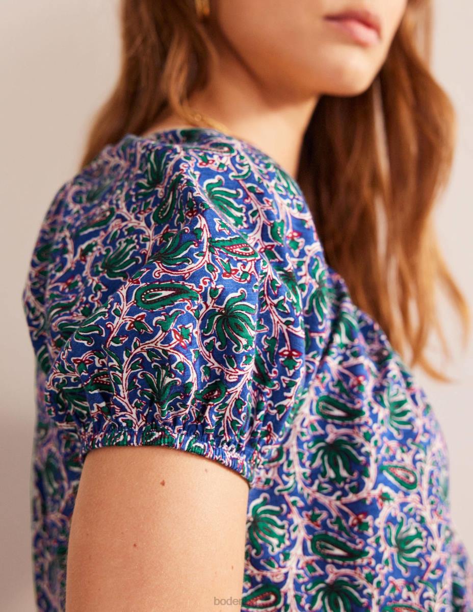 облекло Boden суинг топ от трико с v-образно деколте синя вълна и ботаническа лоза Жени LL68108