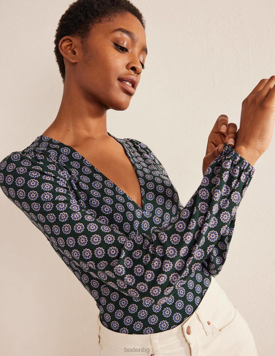 облекло Boden щамповано горнище с v-образно деколте чатсуърт зелено и слънчоглед Жени LL681525