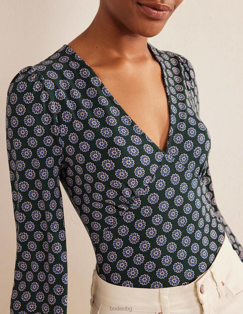 облекло Boden щамповано горнище с v-образно деколте чатсуърт зелено и слънчоглед Жени LL681525